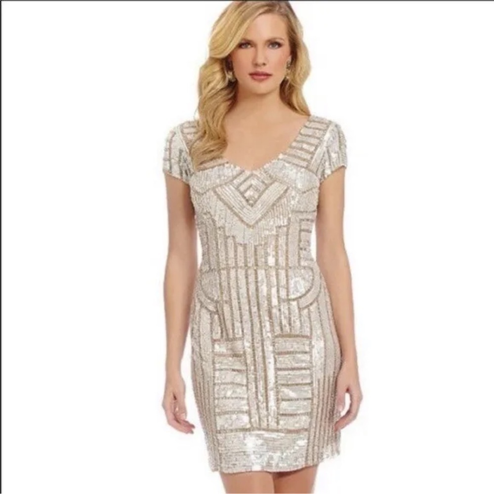Adrianna Papell Women’s Champagne heavily Sequin Sheath Dress lined party 10